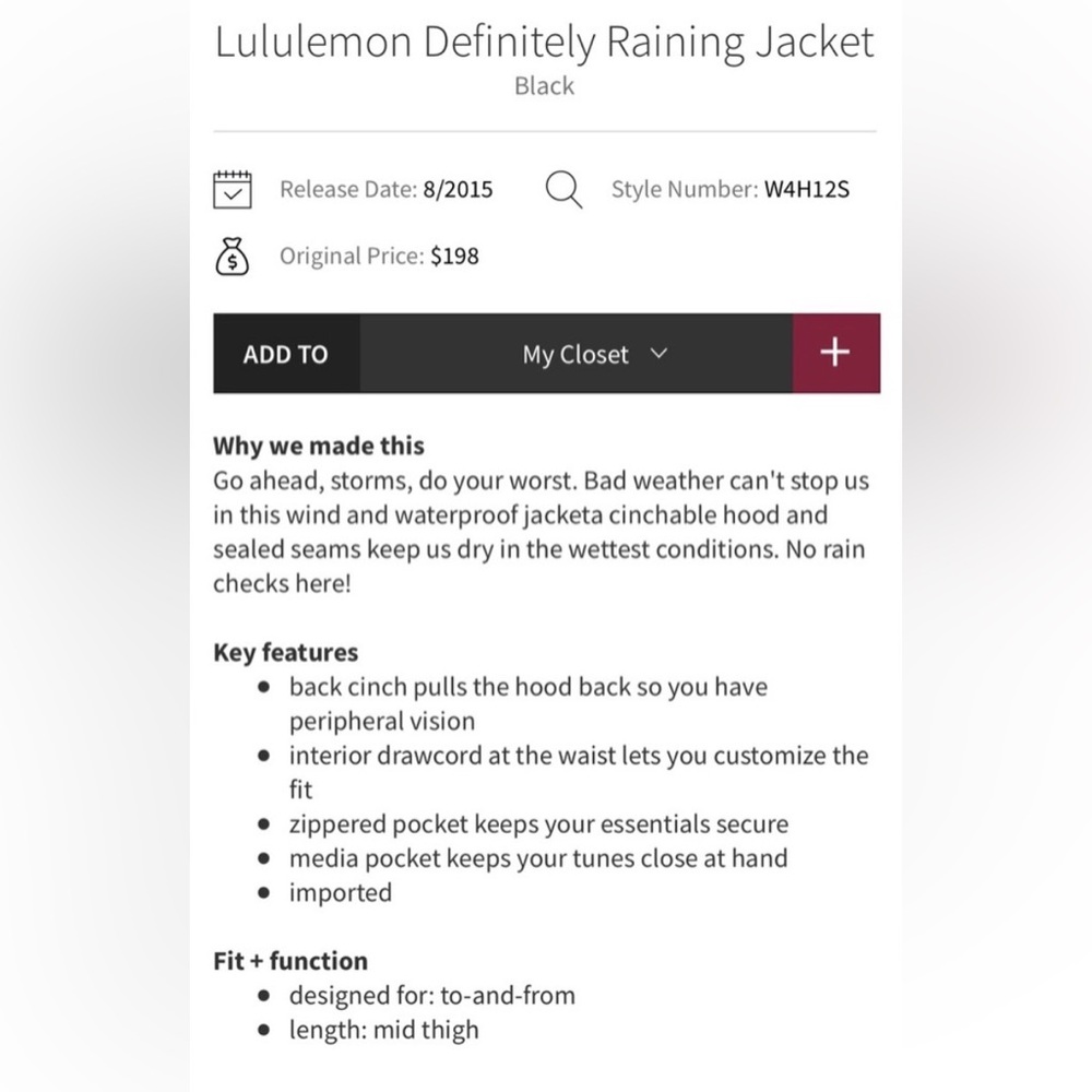 Lululemon Black “Definitely Raining” Jacket - Size 4 - Picture 6 of 15